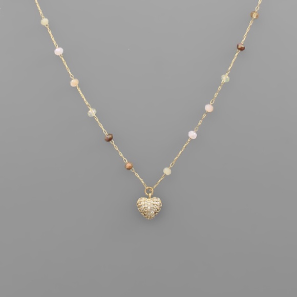 CZ Heart Charm Glass Beads Necklace